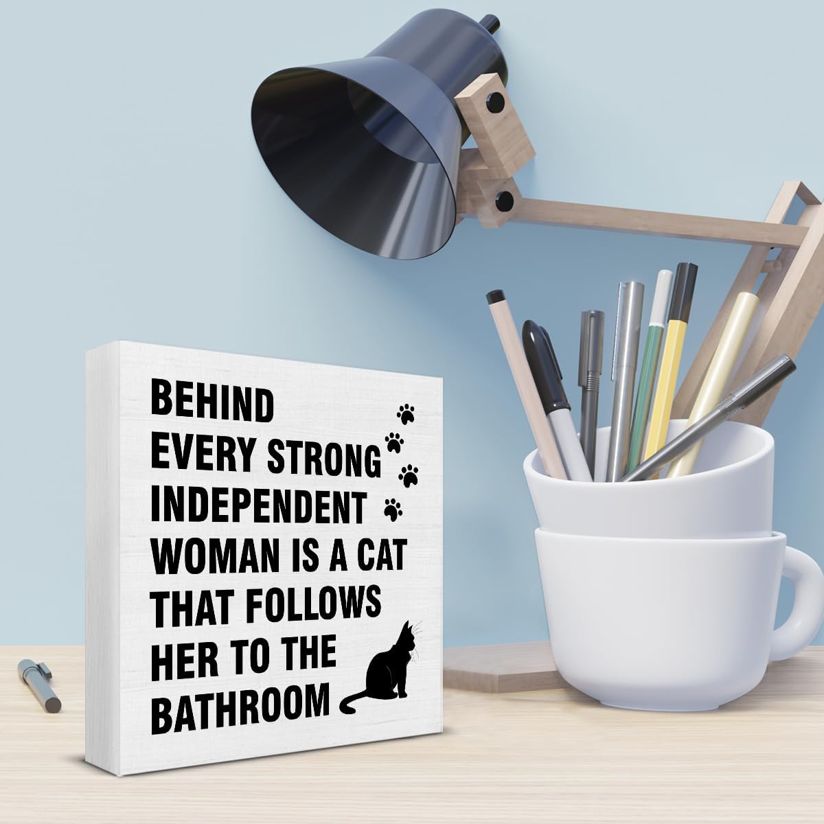 Cat Sign - Cat Home Decor - Cat Lover Gifts for Women - Rustic Behind Every Strong Independent Woman Is a Cat Wooden Sign Home Bathroom Cat Room Decor - 5 x 5 Inches image 2