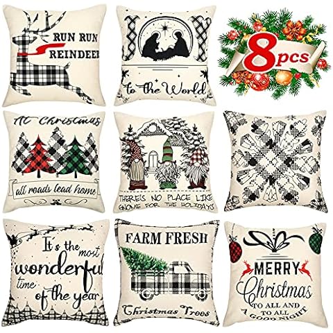 8 Pieces Christmas Pillow Covers 18 x 18 Inches - Xmas Cushion Cover Case Decorations Winter Party Pillow Customized Zipper Pillowcase Decor Cover