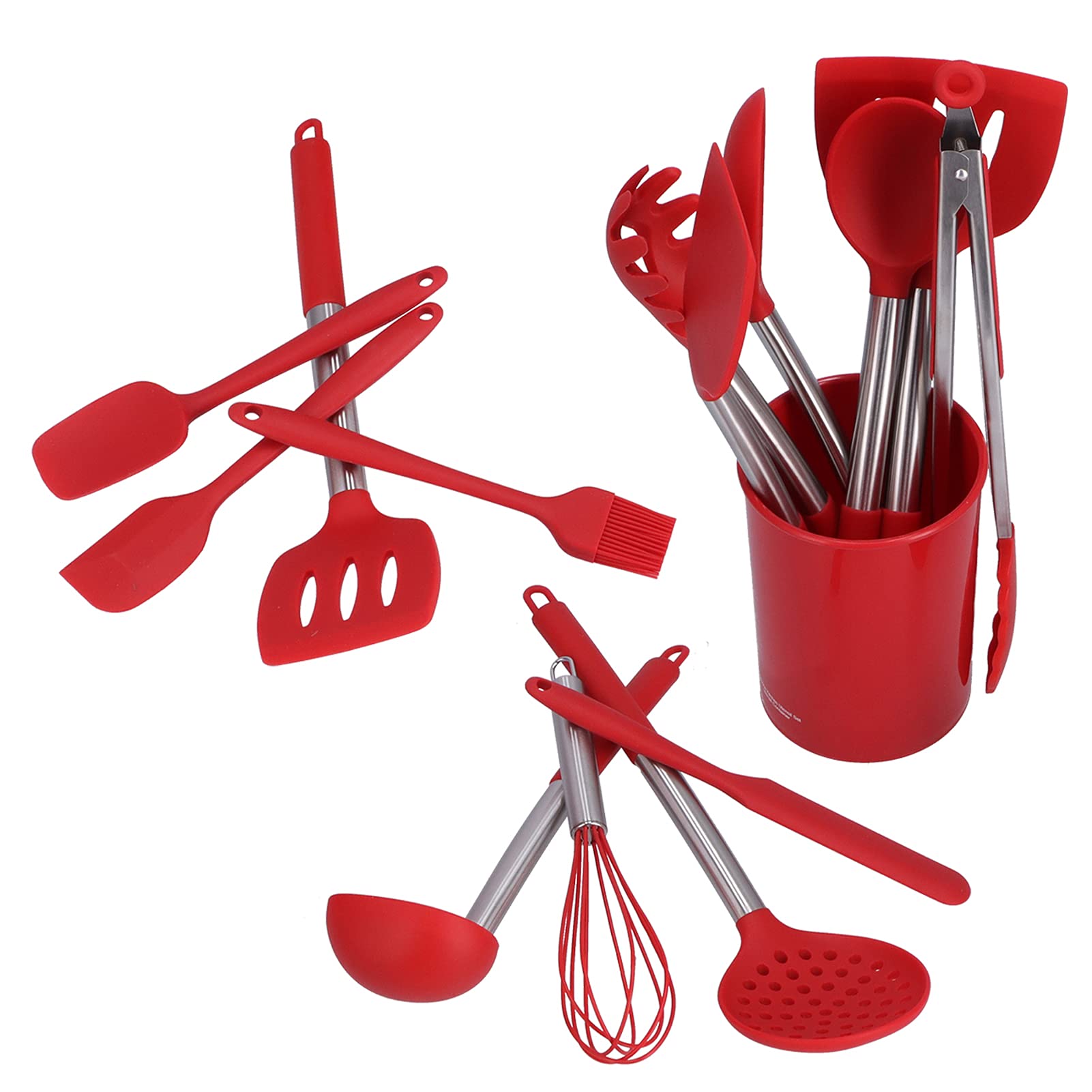 15-teiliges Silikon Küchenutensilien Set mit Edelstahlgriff, Pfannenwender, Schöpflöffel, Kochlöffel, Küchenhelfer für die tägliche Küchenarbeit (all red)