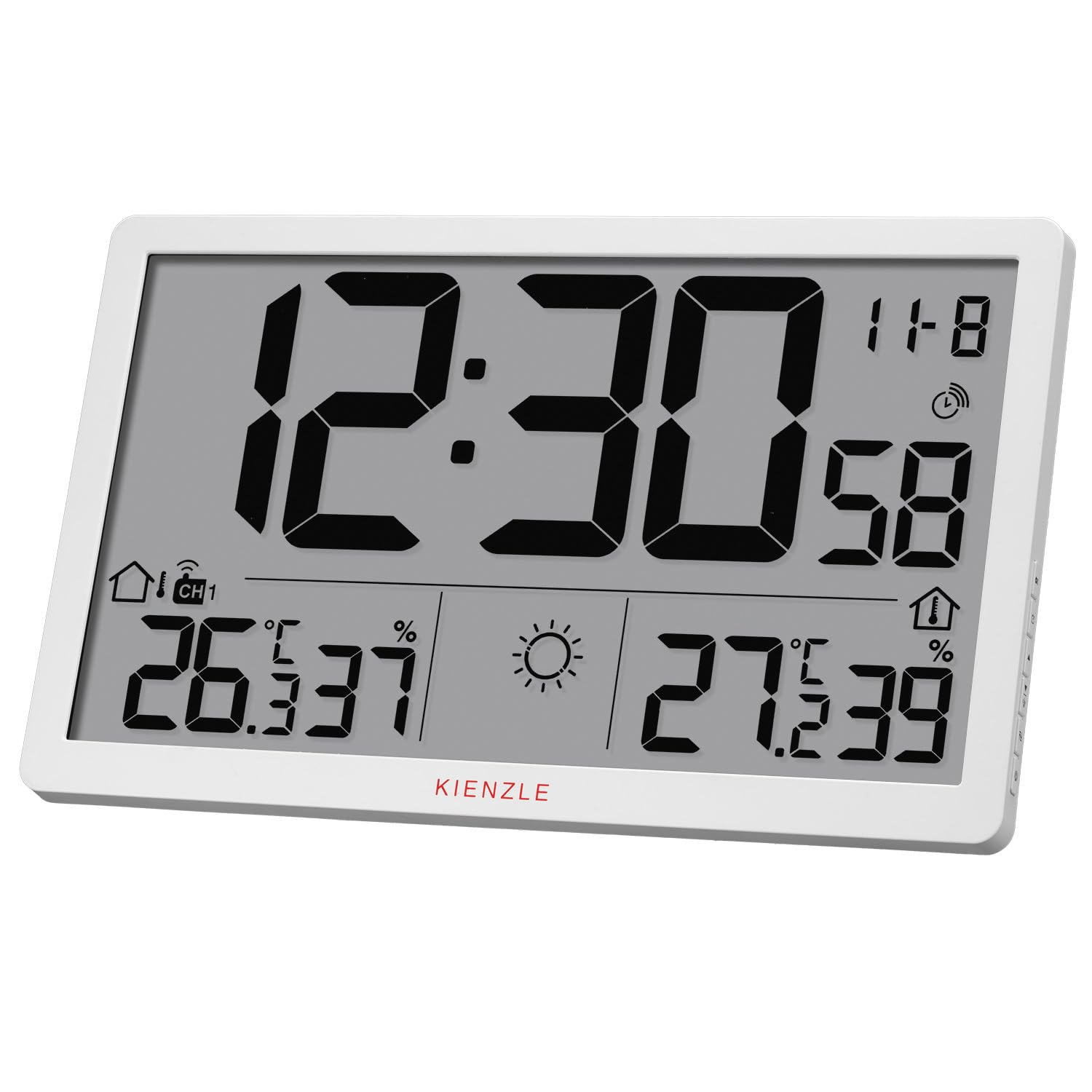 Kienzle Jumbo NEO LCD Wetter Wanduhr weiß mit XXL Display Außensensor | Innen und Außentemperatur, Luftfeuchtigkeit, Wettervorhersage, Luftdruck, DCF Zeit, Wecker, Max Min Speicher, 80 m