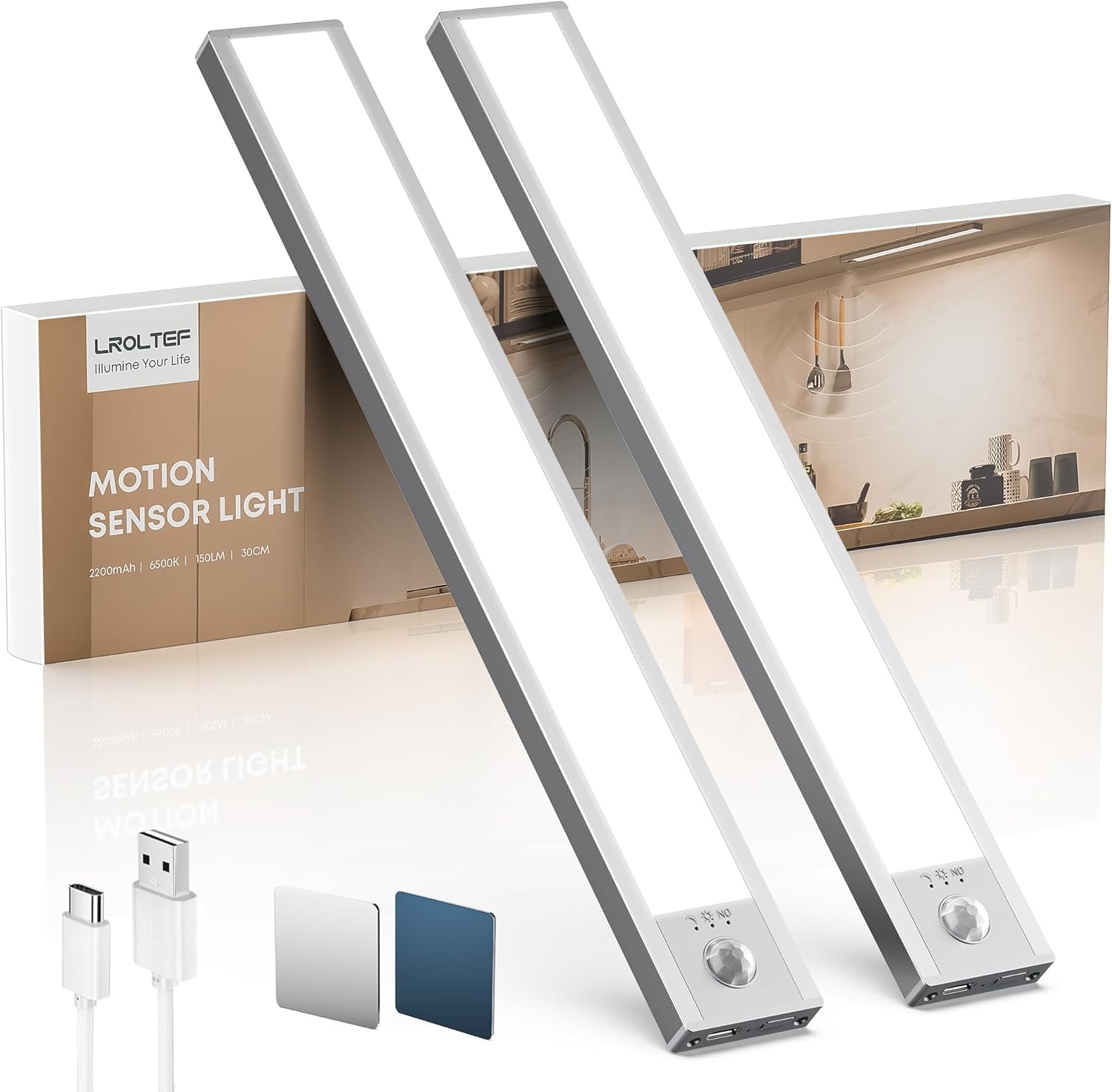 LROLTEF Luce LED Sottopensile Cucina 6500K 30CM Sensore di Movimento per Luci 2200mAh 48 LED Luce Armadio Lampada Dimmerabile per Cucina Scale Soggiorno Bagno Camere da Letto | 2 Pezzi Argento
