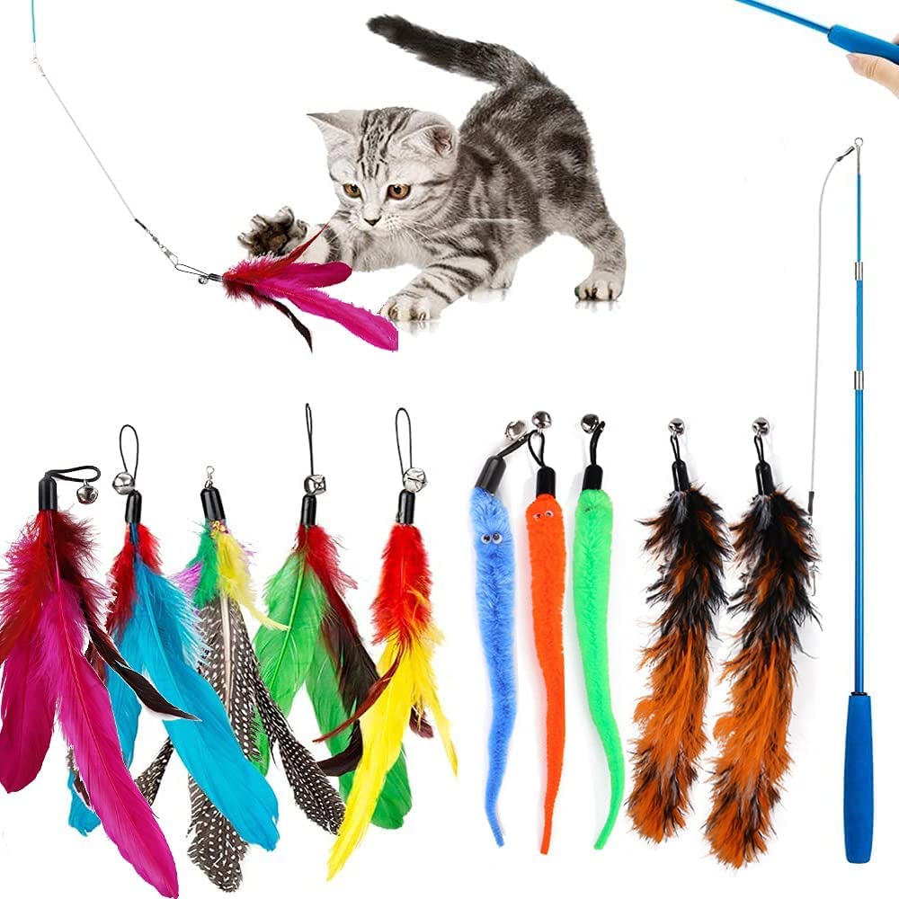 Mumoo Bear 11 Pcs Cat Feather Toys, Interactive Kitten Toys for indoor Cat Kitten,1 Retractable Cat Teaser Wand with 10 Feather Refills