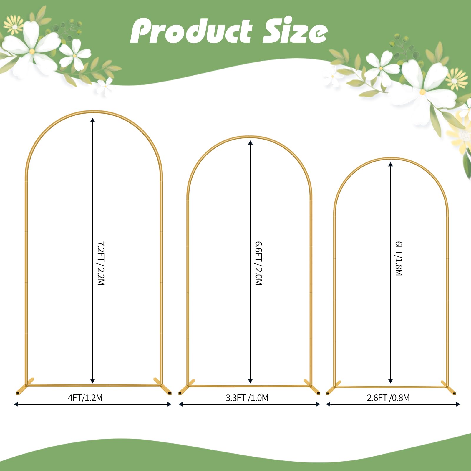 Wedding Arch Backdrop Stand 7.2FT, 6.6FT, 6FT Set of 3 Gold Metal Arch Backdrop Stand for Wedding Ceremony Baby Shower Birthday Party Garden Floral Balloon Arch Decoration