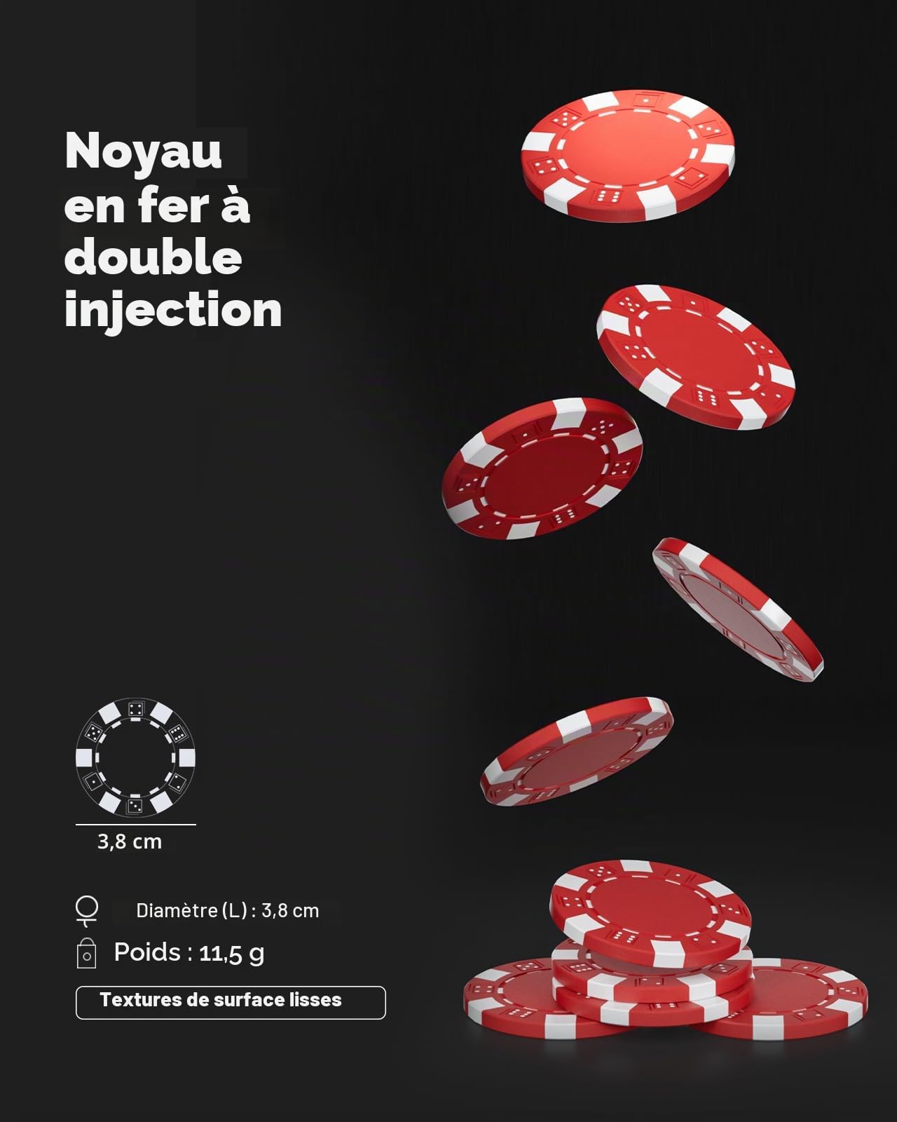 HEITOK Mallette Poker 500 Jetons sans Valeur 11.5g Fer Jeu de Poker Casino | mises libres par couleur, 2-10 joueurs, cartes papier, 5 dés, Dealer/Blind, règles maison, cave, points, side pots