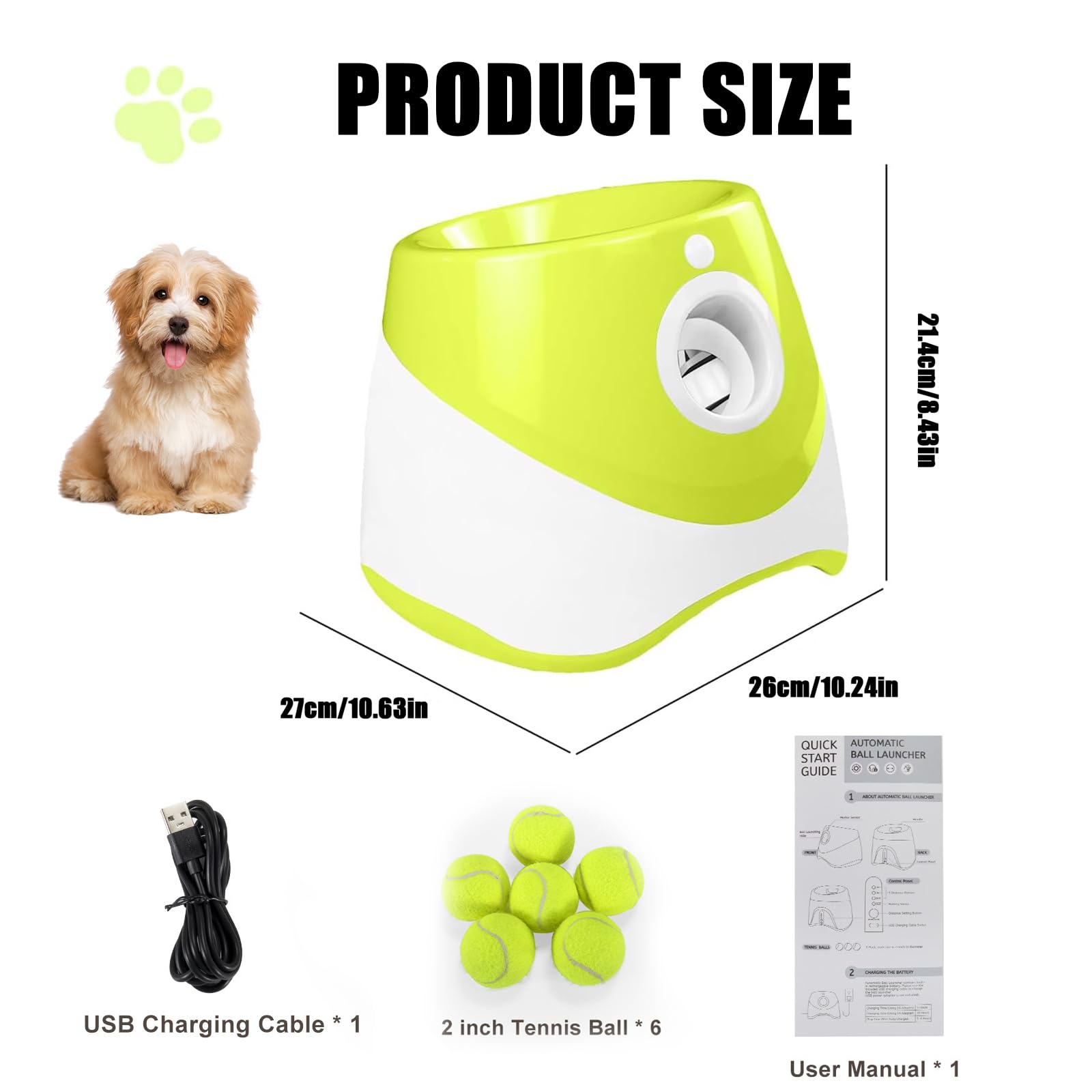 Lanceur Automatique De Balle pour Chien, Jouet Interactif avec 6 Mini Balles De 5,1 Cm, Chargement USB, 3 Réglages De Distance, Machine à Lancer De Balle pour Chiens De Petite Et Moyenne Taille Green