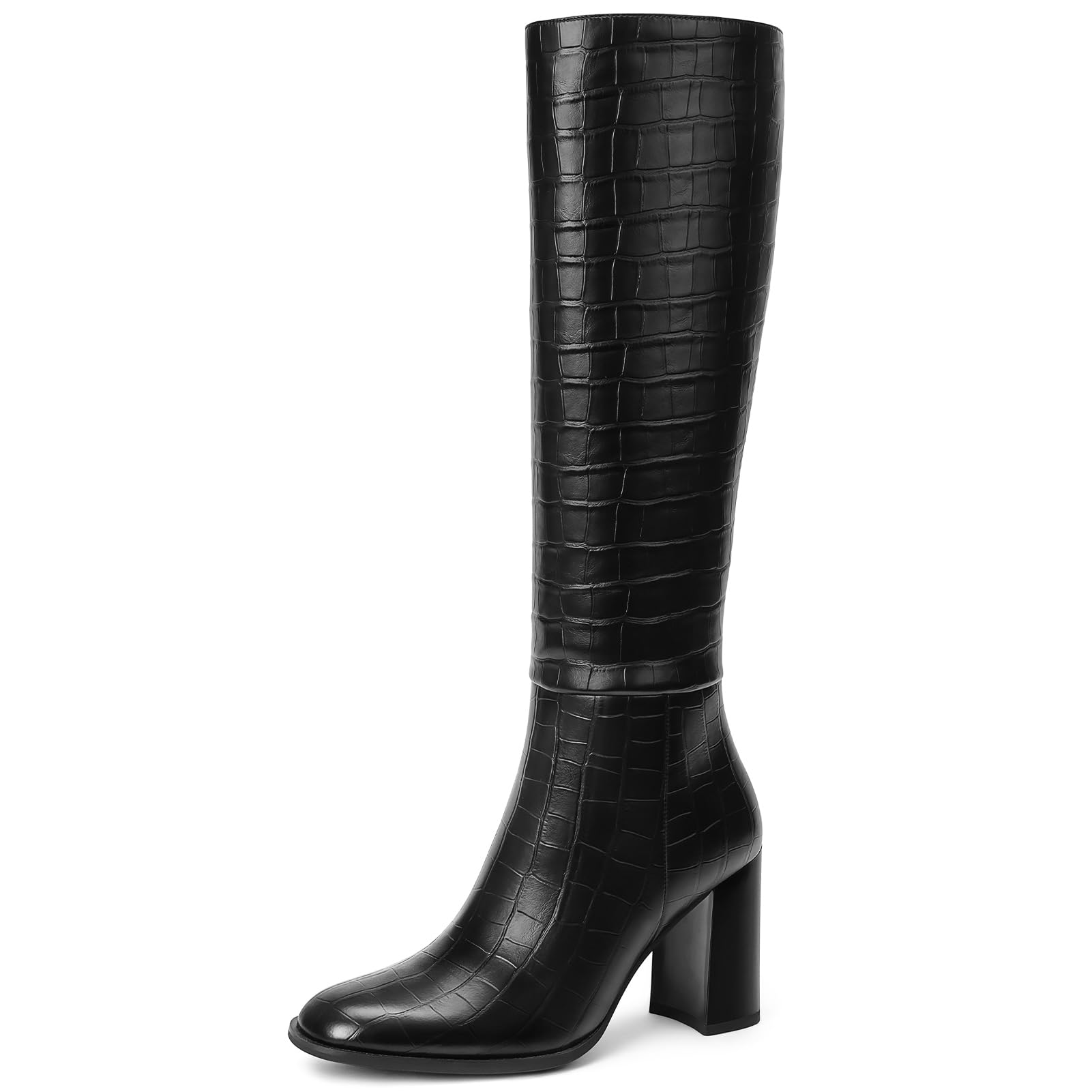 Lumeheel Women Knee High Boots Round Toe Chunky Heel Boots Gogo Boots with Side Zip Fashion Tall Boots