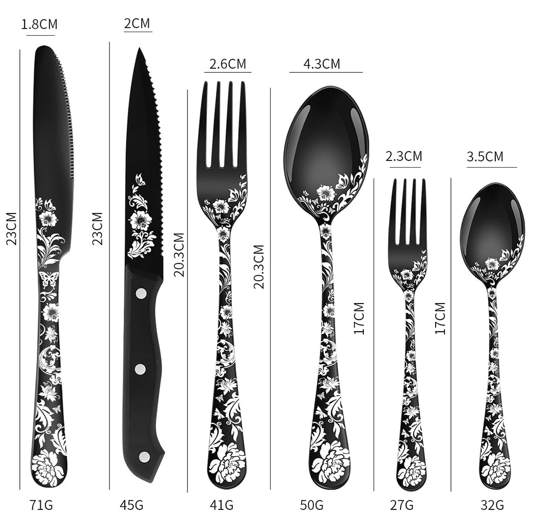 XIAOYU Juego de Cubiertos de 48 Piezas con Cuchillos para Carne, Juego de Cubiertos de Acero Inoxidable para 8 Personas, Juego de Cucharas, Tenedores y Cuchillos con láser único de Flor de peonía