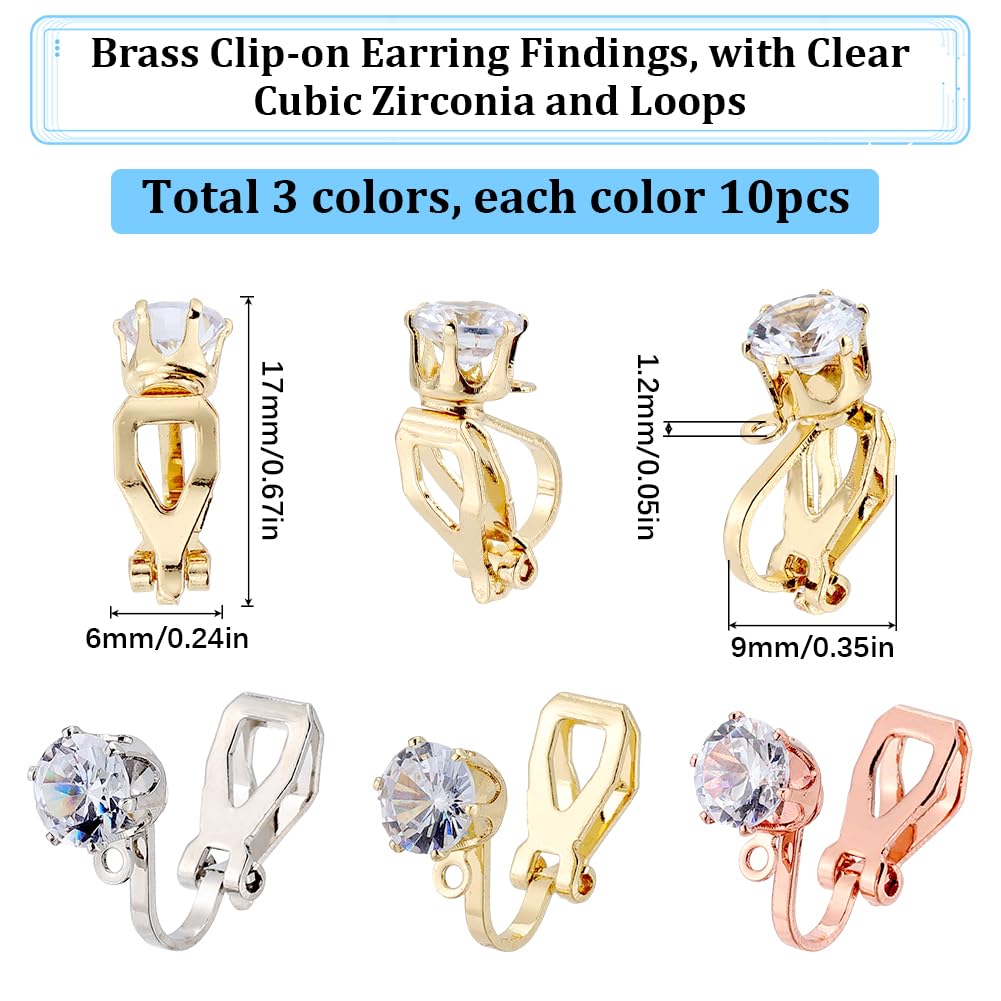 SUNNYCLUE 1 Box 30Pcs 3 Colors Cubic Zirconia Clip on Earrings Non Pierced Earring Clips Brass Gold Plated Clear Rhinestone Earring Clips with Loop Findings for jewellery Making Handmade DIY Craft - Image 2