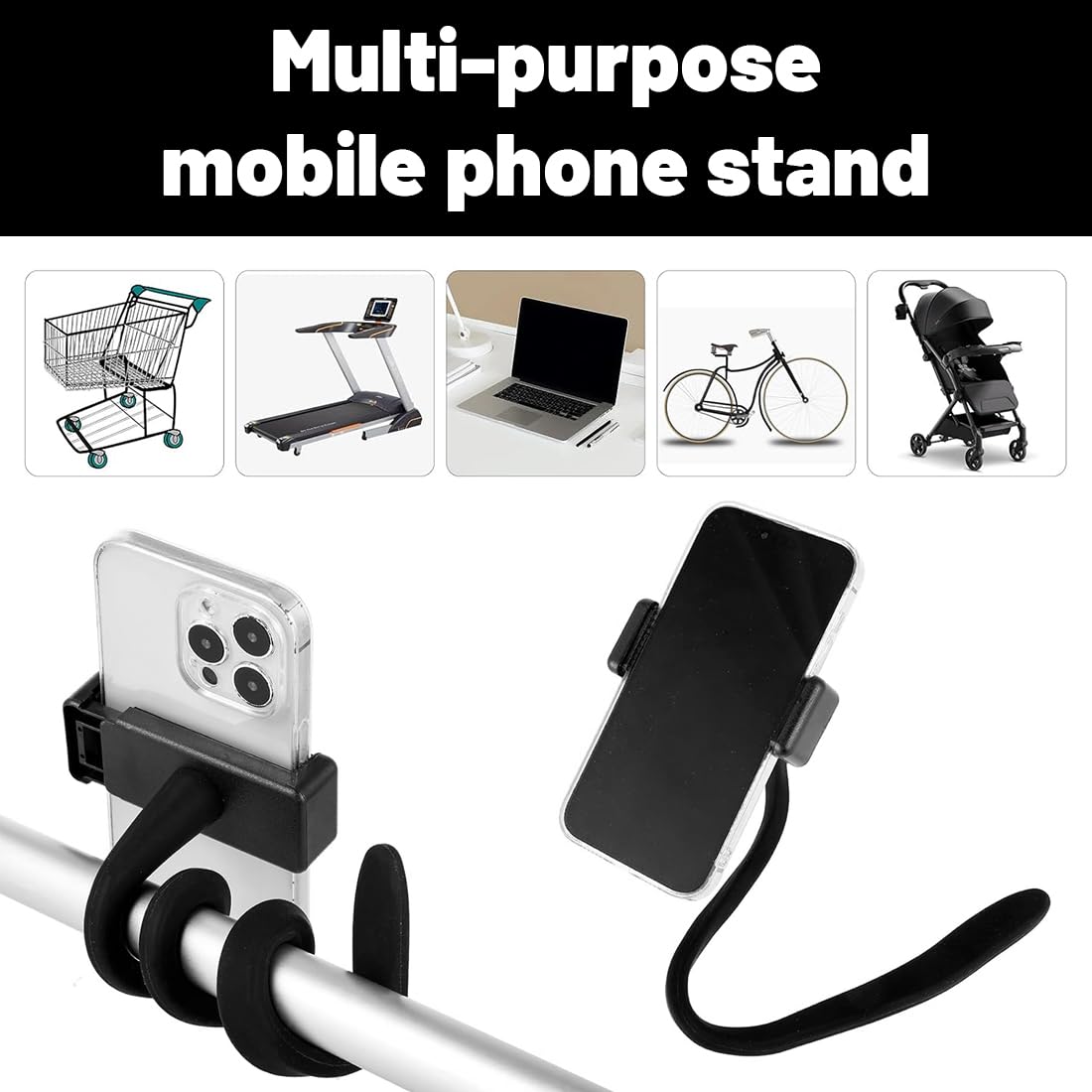 Supporto per Telefono Passeggino, con Impugnatura per Braccio Antiscivolo Lega Morbida Morsetto per Telefono,Flessibile Porta Cellulare per Passeggino per Passeggino Scrivania