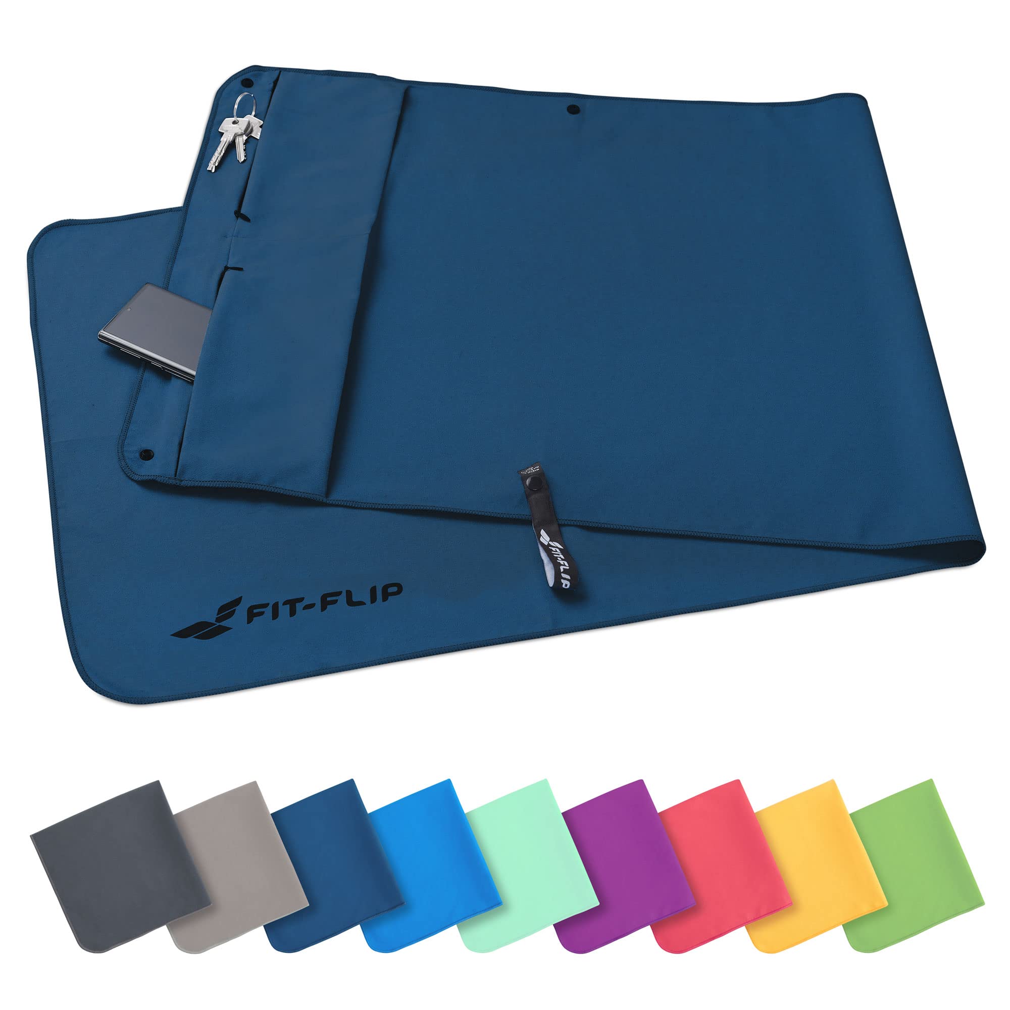 Fit-Flip Asciugamano Sportivo con Scomparto a Cerniera e Clip Magnetica - Telo in Microfibra - Compatto e ad Asciugatura Rapida - Accessori da Palestra uome e Donna