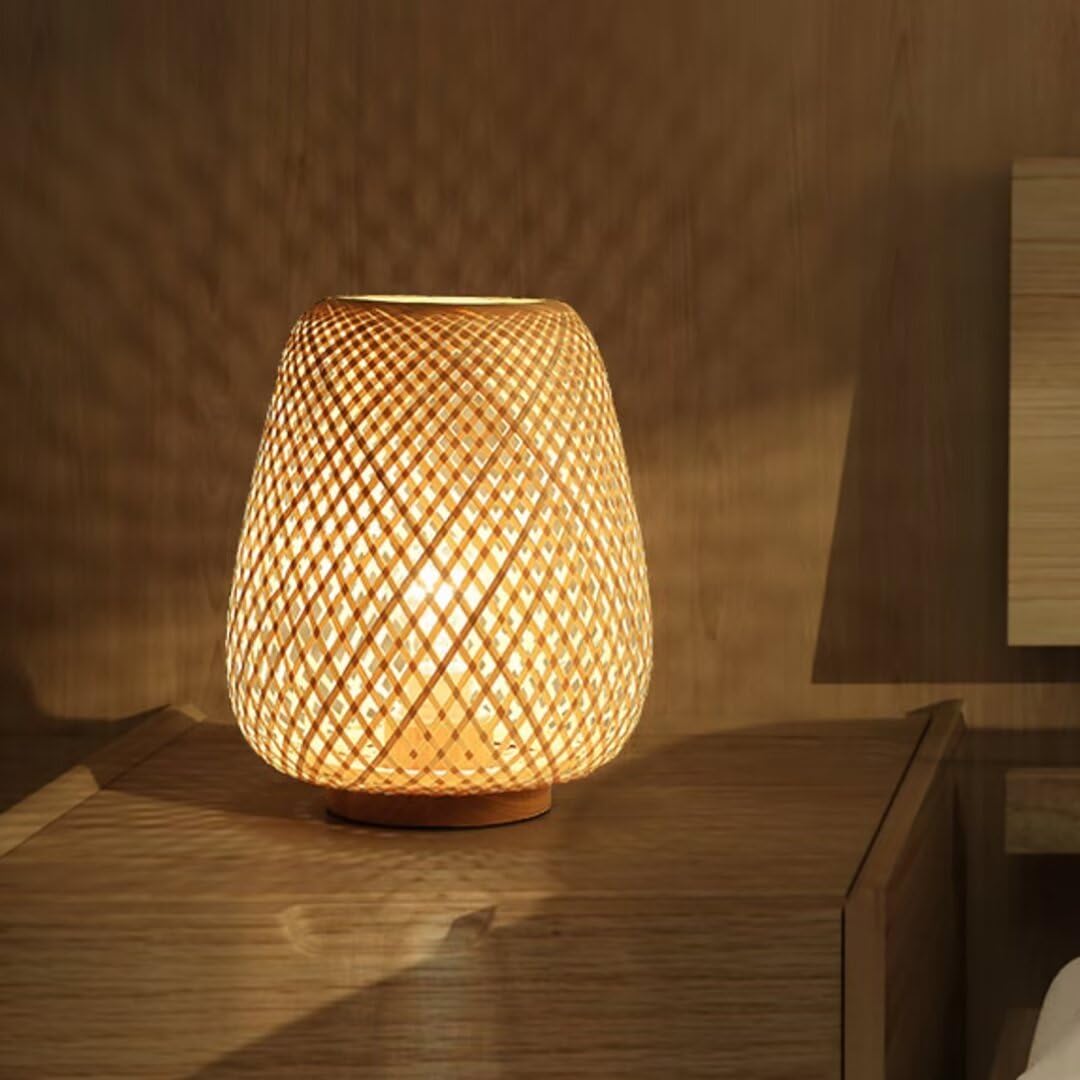 GUANSHAN Bamboo Weaving Lantern Table Lamp Bedside Lamp Japanese Style Night Light Decorative Table Light Table Lighting Bamboo Lampshade Mood Table Lamp for Bedroom, Living Room