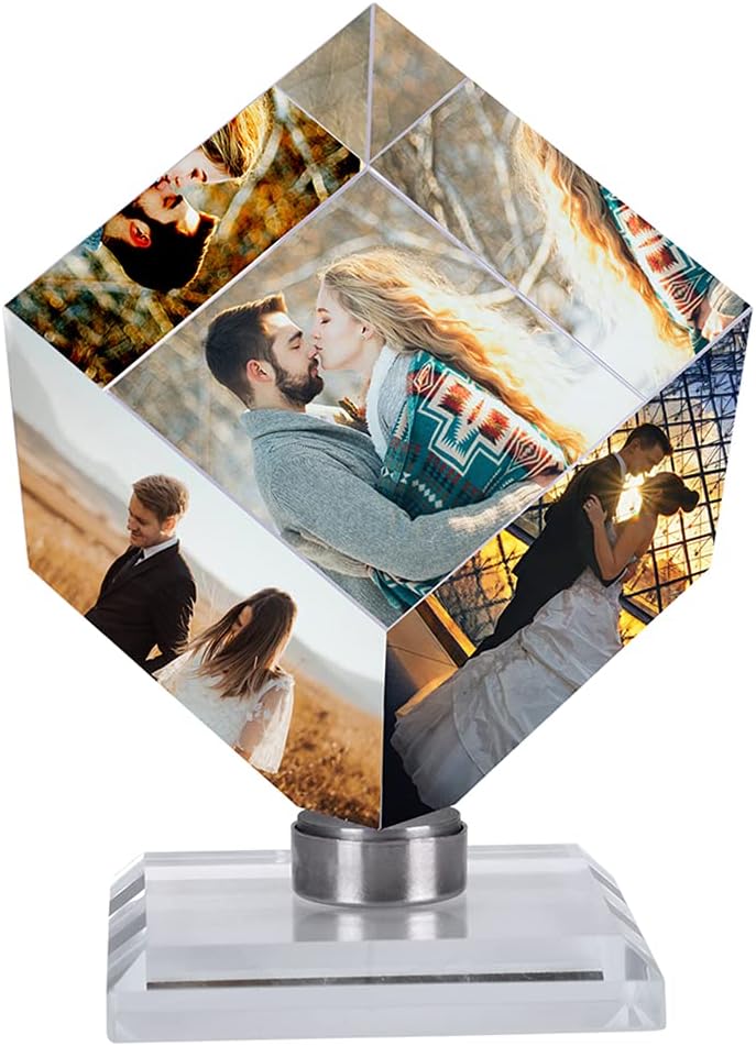 Personalised Cube Crystal Photo Frame with Base Laser Engraved Printing Custom DIY Picture Image Cube 3D Room Decor Birthday Wedding Christmas Valentine's Mother's Father's Day Memorial Gift