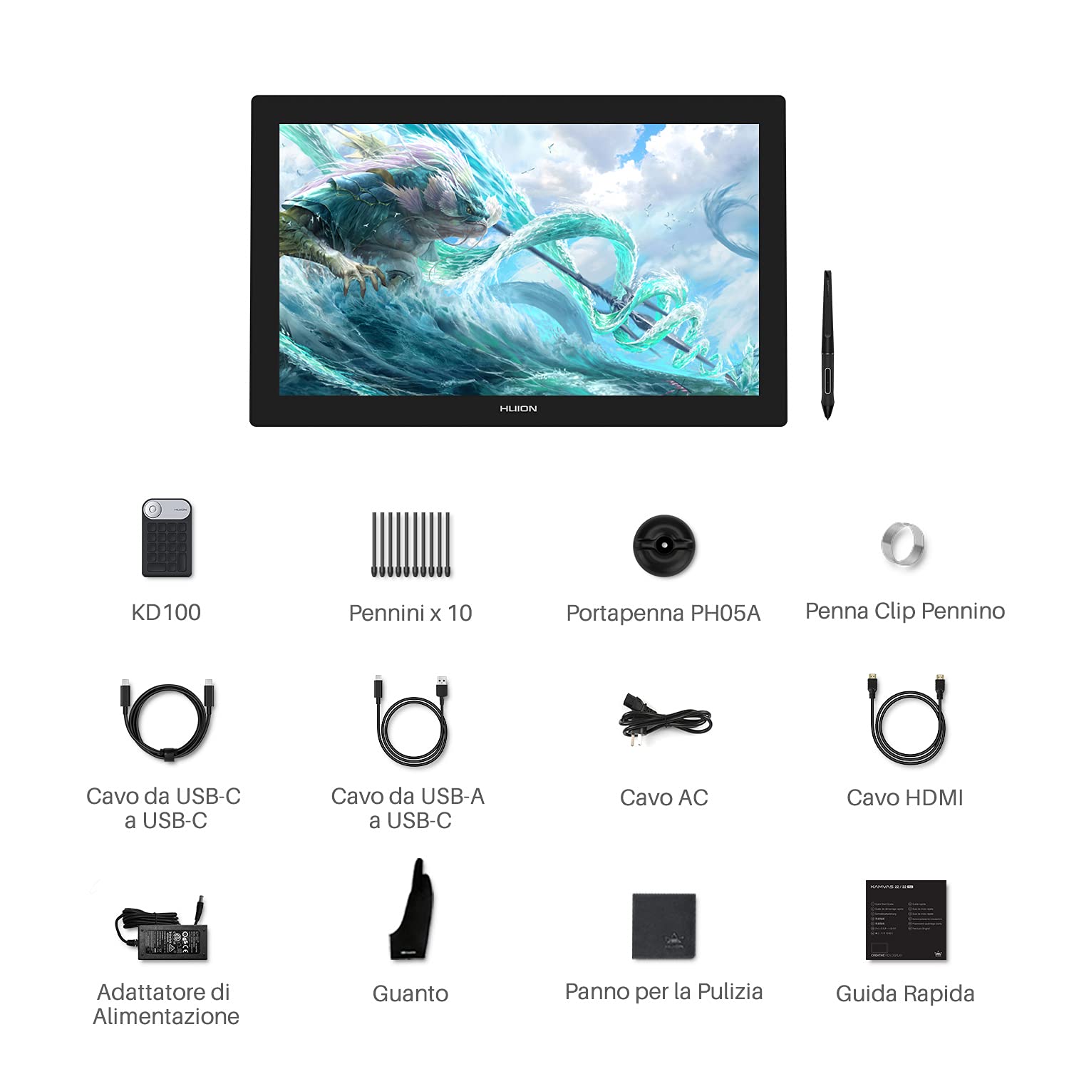 HUION Kamvas Pro 24 Tavoletta Grafica Con Schermo, 4K UHD Full Laminato 23.8 Pollici Disegno Digitale Display 140% sRGB, PW517 Penna, KD100 Wireless Mini Keydial - Compatibilità Windows Android Mac
