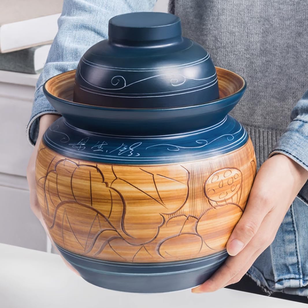 Duży ceramiczny słoik na kiszonki z pokrywkami, tradycyjny chiński porcelanowy słoik na kiszonki, ceramiczny garnek do fermentacji z pokrywką z uszczelką wodną (1,5 kg)(1.5Kg)