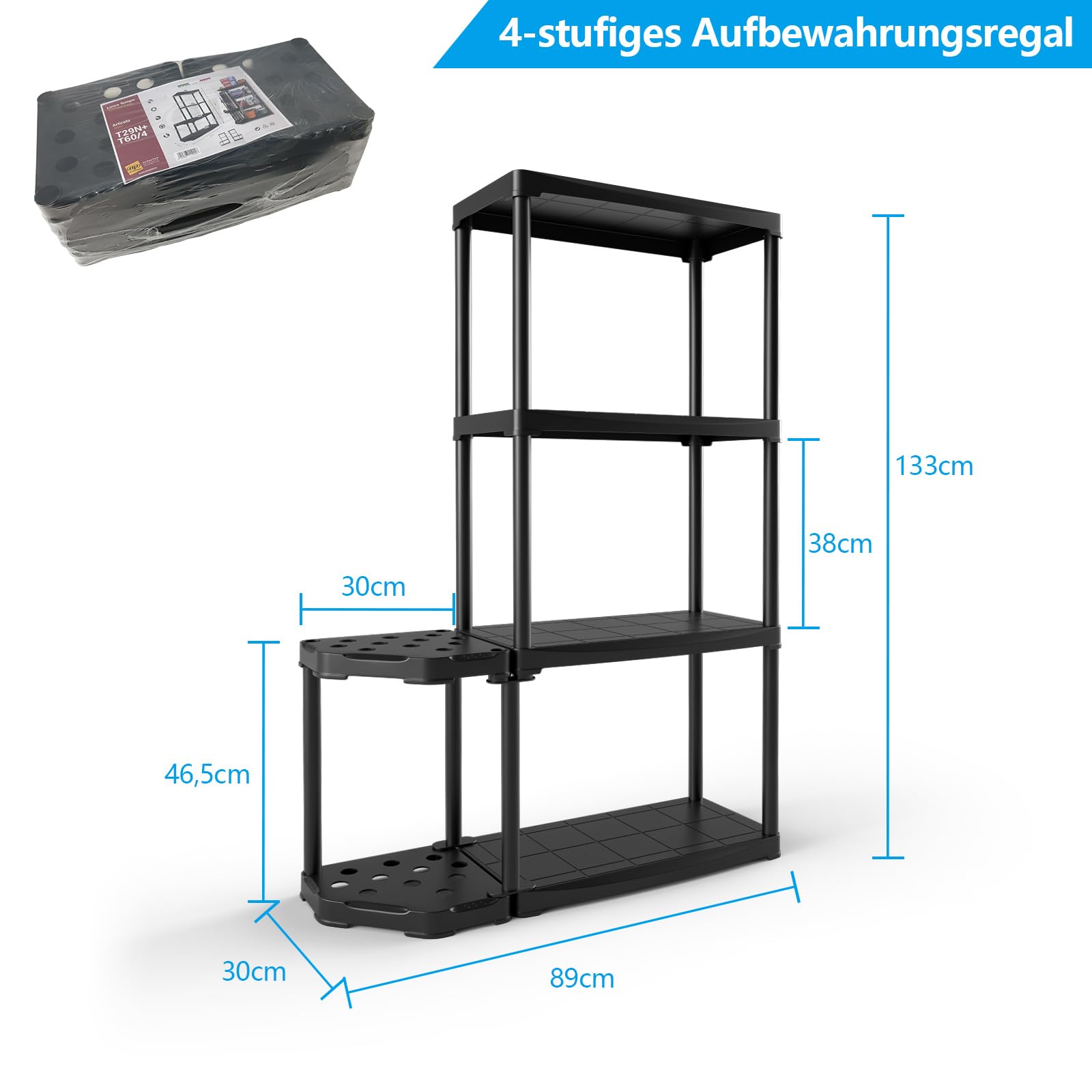 COSTWAY Lagerregal mit 4 Fachböden, Steckregal mit 12 Löchern für Werkzeuge Besen Schaufel, 20 kg belastbar jeder Ebene, Garagenregal mit Besenhalter, Werkstattregal für Keller Lager, Schwarz