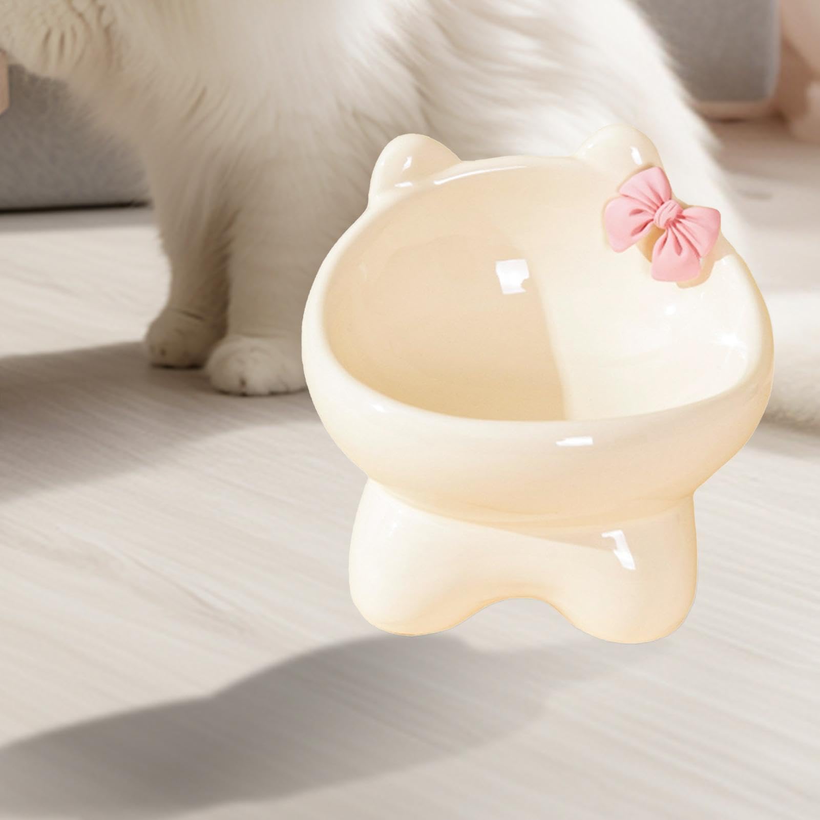 Misy dla zwierząt, Podwyższona ceramiczna miska dla kota, pochylona, ​​wysoka do karmienia psów, szczelny podajnik karmy kotów domowych i małych kociąt(Creamy)