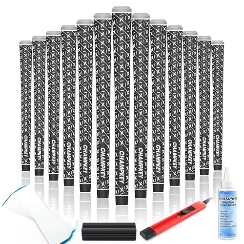 Champkey X Rubber Golf Grips Set - 13 Grips & All Repair Kits or 15 Tapes (Black Midsize) - 5 Oz Solvent Hook Blade Vise Clamp