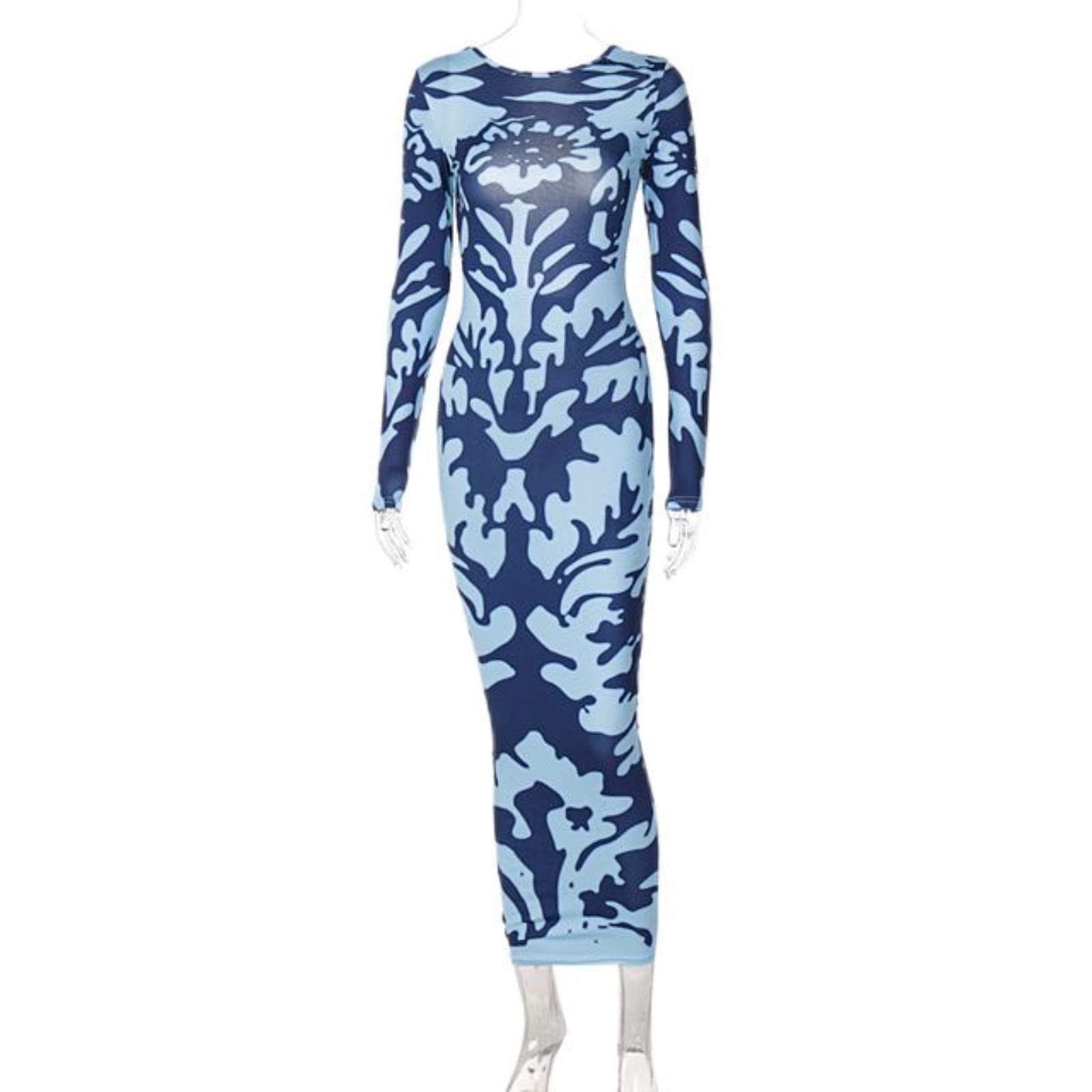 Wszjln Women's Blue Long Sleeve Backless Sexy Camouflage Dress Summer Fashion Streetwear Outfit Print Club Clothing-,S