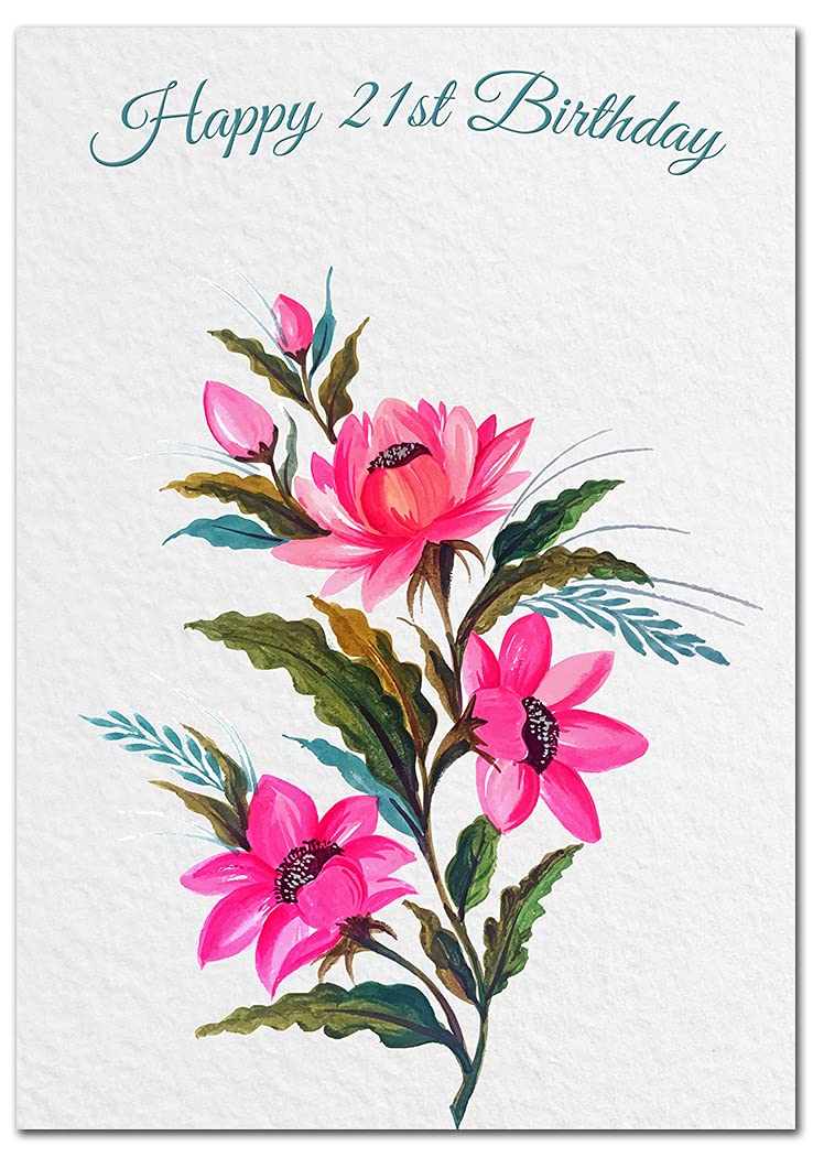 Extra Large 21st Birthday Card for Women - XL Big thick A4 size - Special Age Year - Pretty Pink Flower Watercolour Art - Beautiful Female Greeting Her Huge Happy Wishes Nice - UK Eco-Friendly