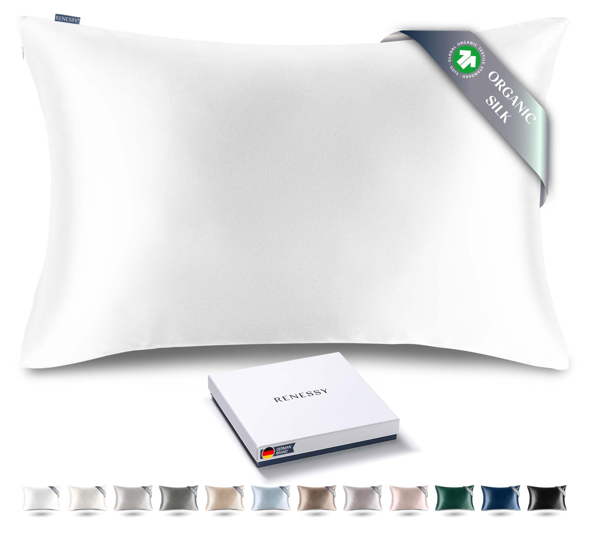 RENESSY Funda de Almohada de Seda 100% Orgánica 50x75 cm - 22 Momme Seda de Morera, Grado 6A, certificada por Oeko-Tex en Alemania - Lujo para el Cabello y la Piel, 1 Unidad (Blanco) OEKO-TEX MADE IN GREEN OEKO-TEX MADE IN GREEN OEKO-TEX MADE IN GREEN