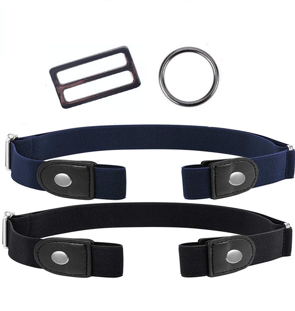 salefun 2 Pieces Black and Brown Elastic Belt (No-buckle) with Brass Snap Fastener and A Pair of Brown Brass Buckle