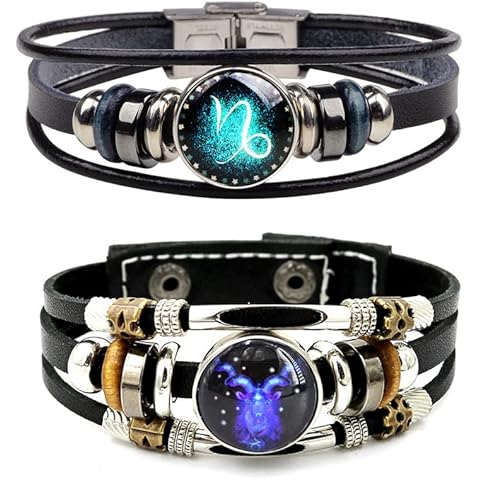 WLL 2Pcs Multilayer Constellation Zodiac Leather Bracelet for Women Men Handmade Woven Zodiac Sign Wrap Wristband Bracelet Couple BFF Birthday Jewelry