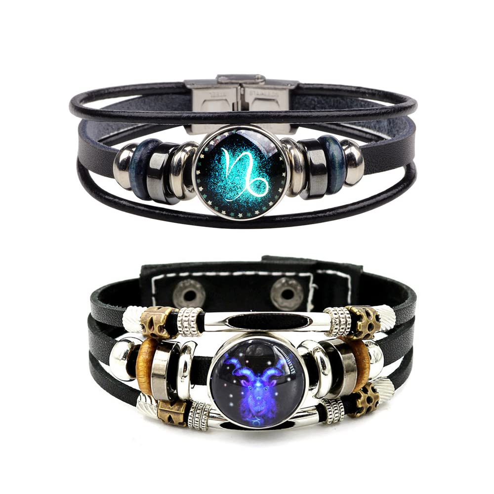 WLL 2Pcs Multilayer Constellation Zodiac Leather Bracelet for Women Men Handmade Woven Zodiac Sign Wrap Wristband Bracelet Couple BFF Birthday Jewelry