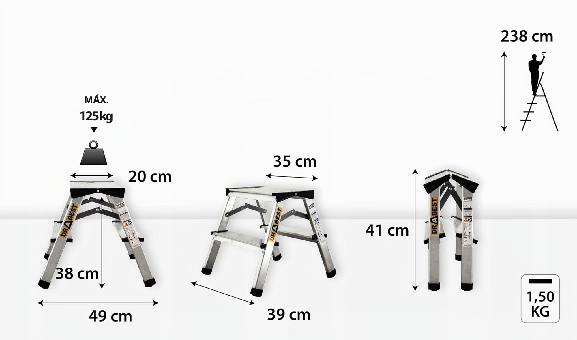 DRABEST Escalera de Tijera peldaños Plegables Escalera de Aluminio Escalera doméstica accesible por Ambos Lados 2x2 peldaños cargable hasta 125 kg