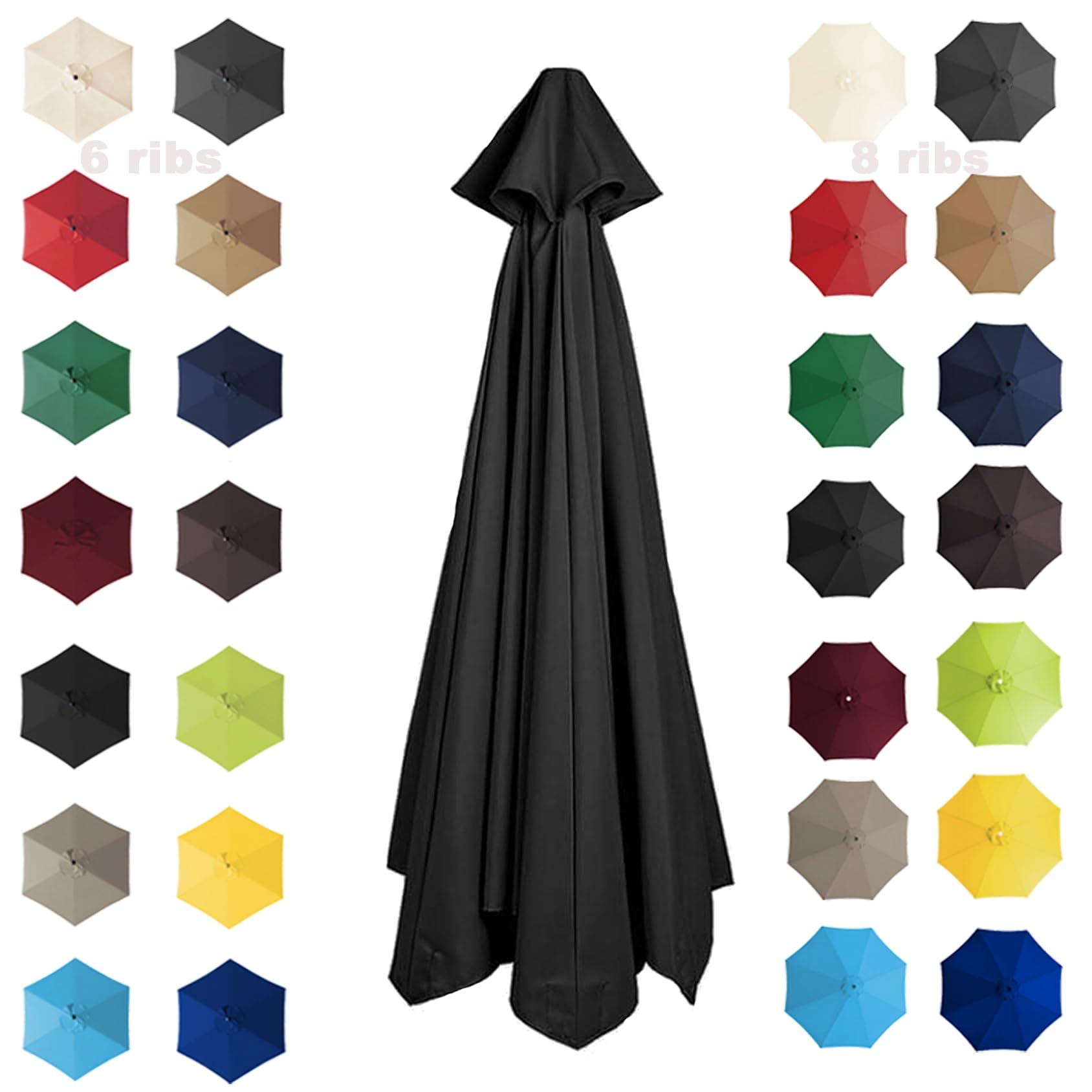 200cm 2.7M 300cm Parasol Umbrella Replacement Cover 6 Arms/8 Arms Cantilever Parasol Top Fabric Cover Replacement Cloth Anti-ultraviolet｜Waterproof｜Breathable(Color:Black,Size:6 ribs-2.7m(8.8ft))