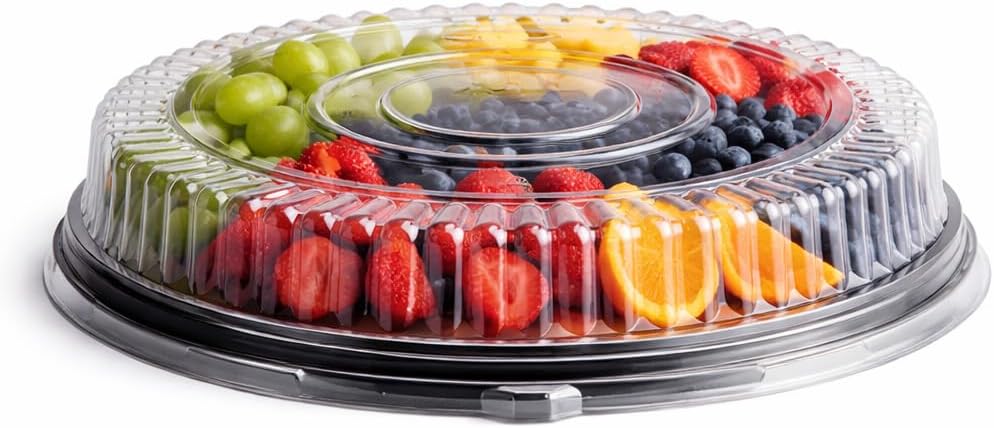 Black Round Plastic Catering Tray with Low Dome Lid, 16 Inch, PET Material, Stackable, BPA Free, 10 Pack