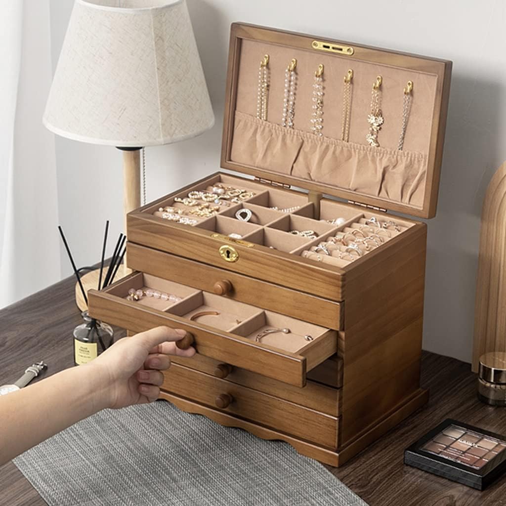 Wooden Retro Jewelry Organizer Box, with 5 Drawers Storage case Devices and Drawer Lockable, for Women/Girls Gift, 31.5*20.5*24.5cm image 2