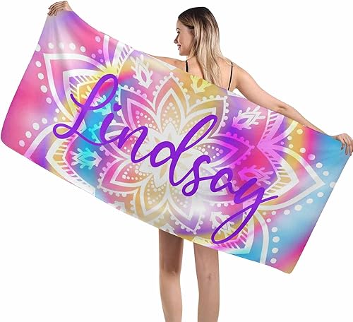 Toalla de playa personalizada con nombre, toallas de playa suaves personalizadas con teñido anudado, regalos personalizados toallas de playa para