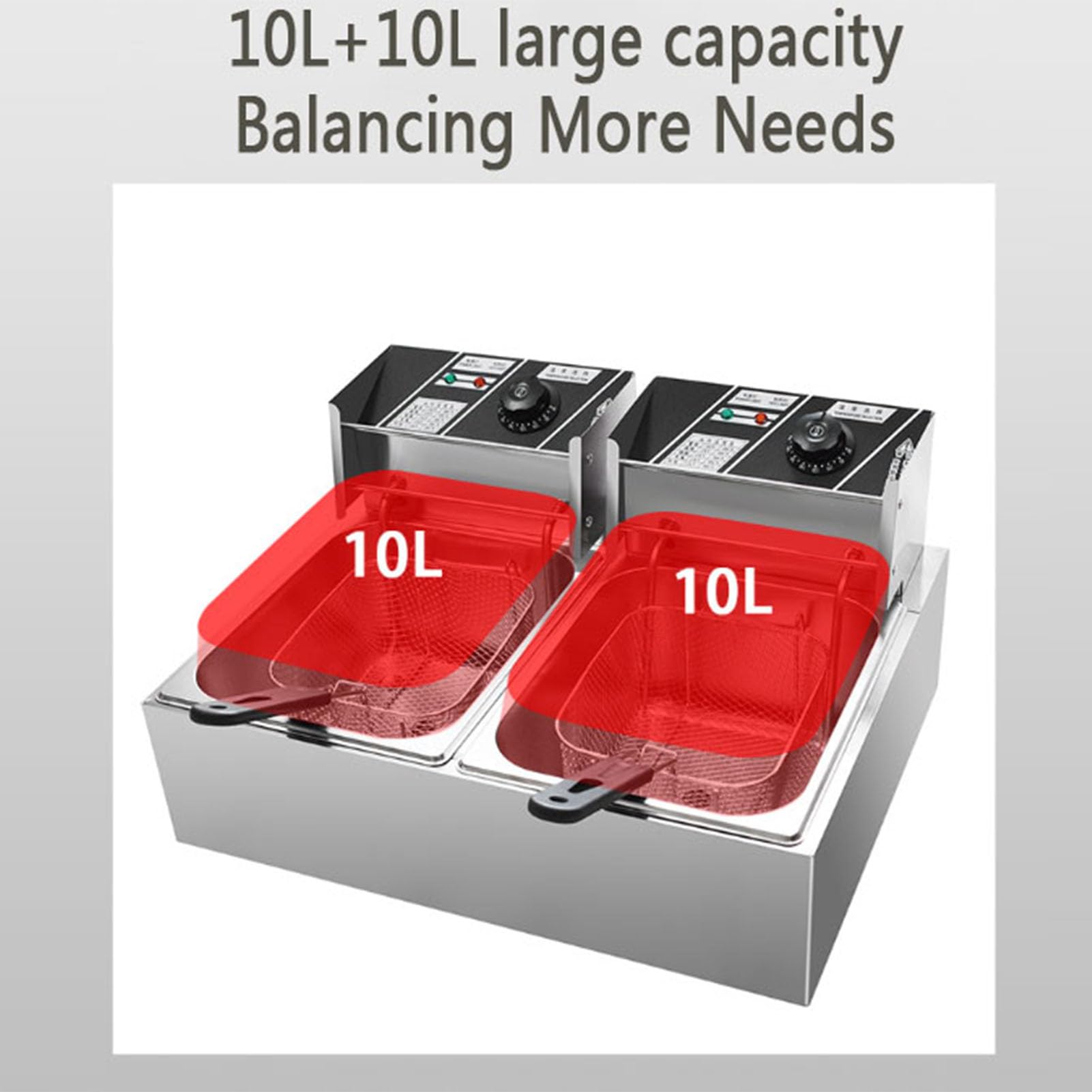 Friggitrice elettrica a Doppia Vasca in Acciaio Inox Friggitrice Commerciale, capacità 2 cestelli 10L X 2 Friggitrice elettrica da banco per Uso Domestico e per ristoranti