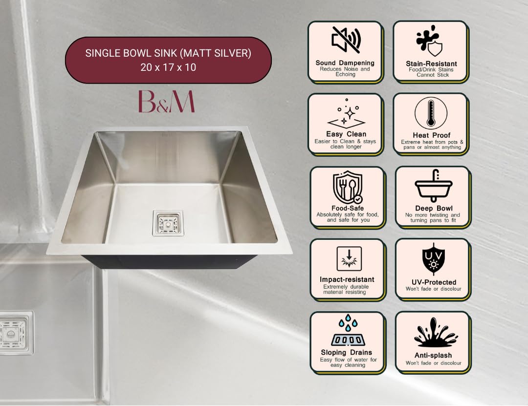 BOWLS & MORE | 20" x 17" x 9" Heavyduty Handmade Kitchen Sink | 304 Grade Stainless Steel Kitchen Sink | Matt Finish (SILVER) 2