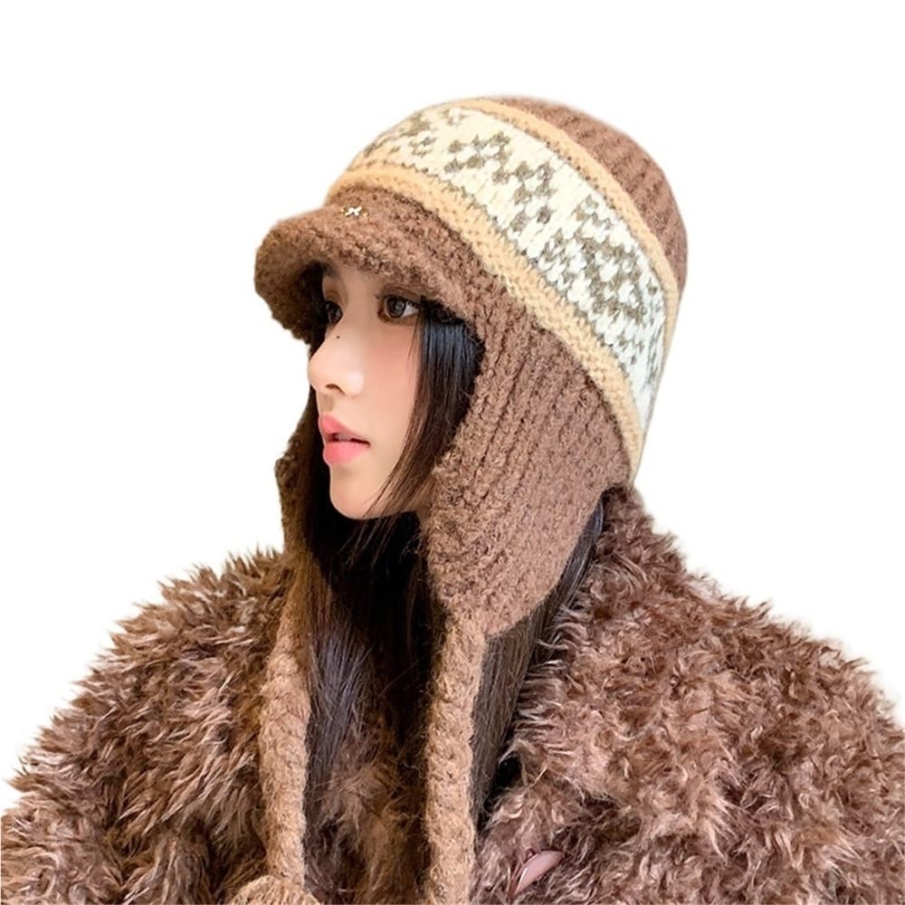KIKYKUBBLETASW Women's Knitted Earflap Trapper Hat Winter Warm Skull Cap with Braid Tassel Tie Ski Snow Beanie for Outdoor(Coffee)