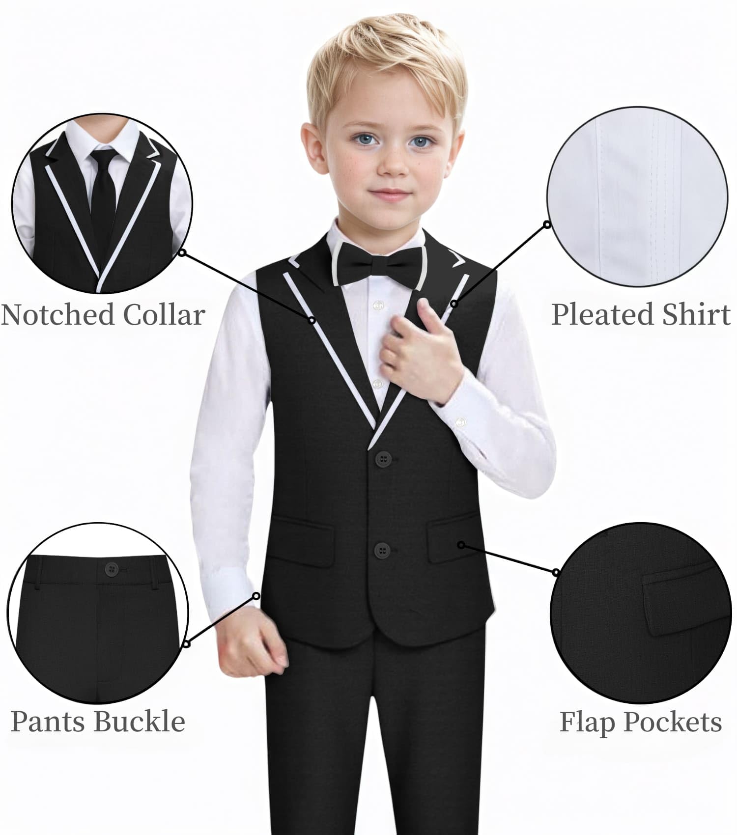 DOISPON Jungenanzug für Kinder, Smoking, schmale Passform, 5-teiliges Set, Hemd, Weste, Hose, Set für Teenager, Kleid, Kleidung, Hochzeits-Outfit mit Krawatte und Fliege