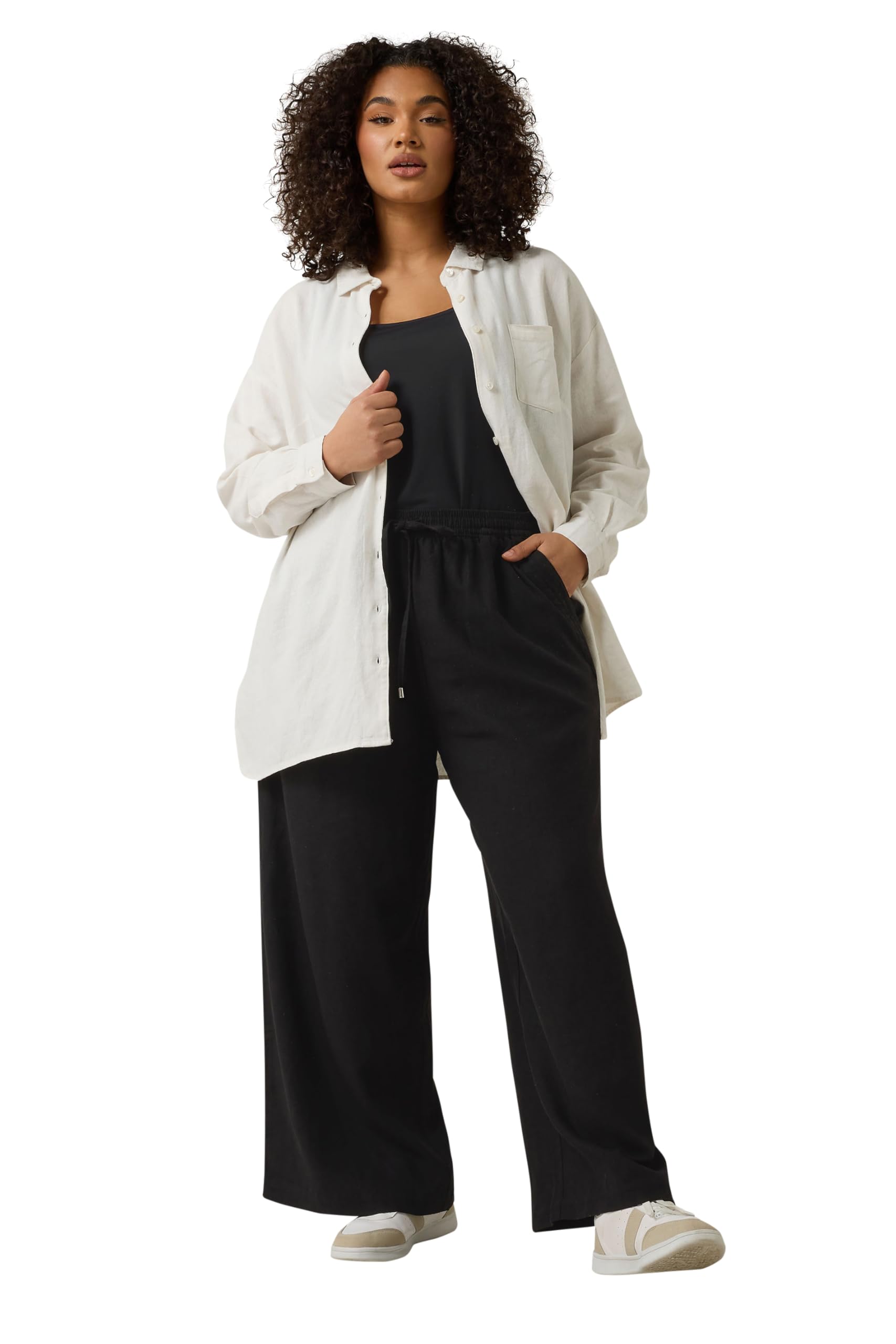 Evans Women's Black Curve Wide Leg Premium Linen Trousers - Plus Size Curve