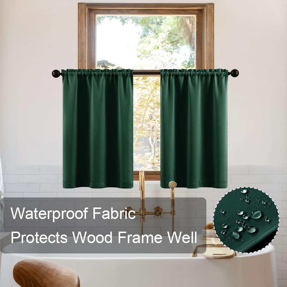 XTMYI Dark Green Curtains for Bathroom Window,Short Blackout Waterproof Christmas Kitchen Window Curtains 36 Inch Length,Emerald Hunter Green