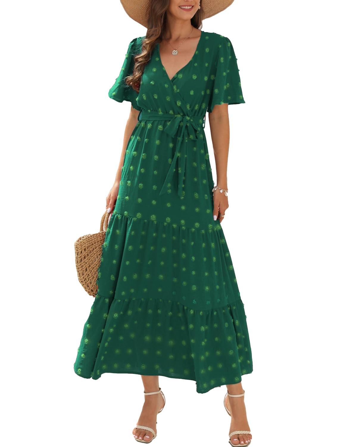 QUNERY Vestido Largo Mujer Verano Cuello en V Vestido Casual Elegante Vestidos Maxi Verano Playa con Cinturón