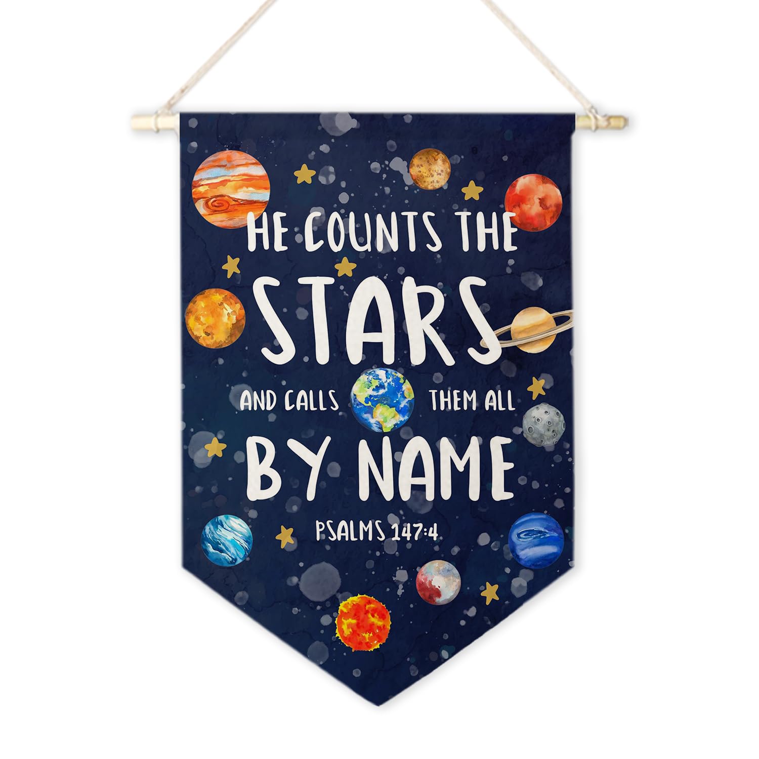 ArtisaEura Christian Space Wall Canvas Banners, Space Nursery Decor, Solar System Bible Verse Hanging Display Pennant Banner Flags, Navy Blue Nursery Wall Decor for Kids Boys Room Bedroom Playroom