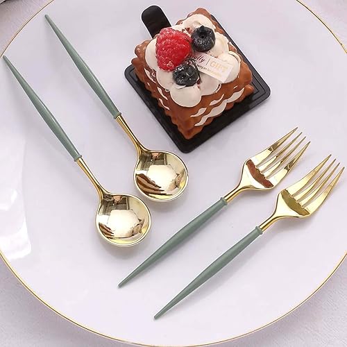 Vista 123 de Efavormart - Juego de cubiertos de plástico resistente de 8 pulgadas, cubiertos de plástico con mango rojo Dorado/Rojo