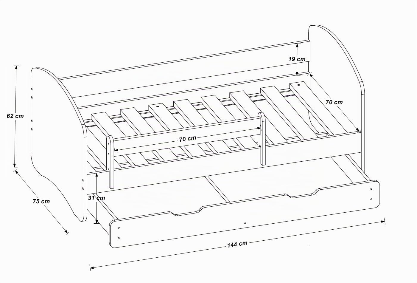 Cama infantil y juvenil Acma II con un cajón y colchón, color blanco blanco Weiß Talla:140x70 cm + Schublade