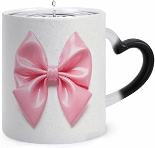 Color Changing Mug, Novelty Coffee Magic Cup, Pink Bow | Heat Sensitive Coffee Mug, Heart Shape Handle, Ceramic Tea Cup, Surprise Color Changing Design Mugs for Birthday, Christmas