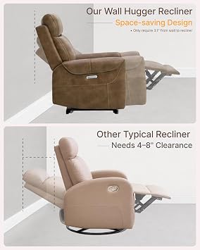 KISLOT Wall Hugger Recliner Chair, Faux Leather Power Reclining, Brown, 1PC