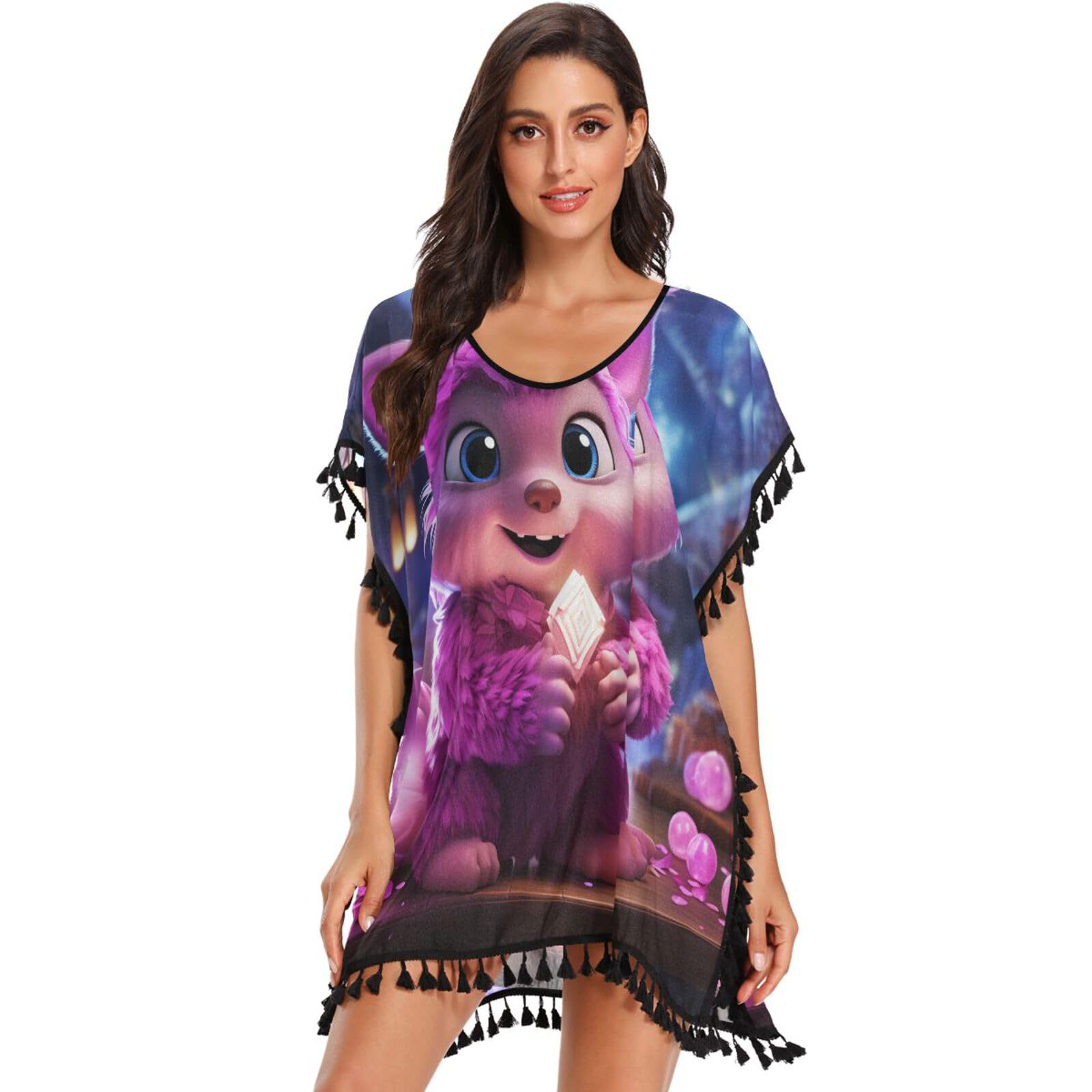 Pink Light Cool Art Hedgehog Women's Beach Cover Up Chiffon Tassel Swimwear Swimsuit Coverups for Girl