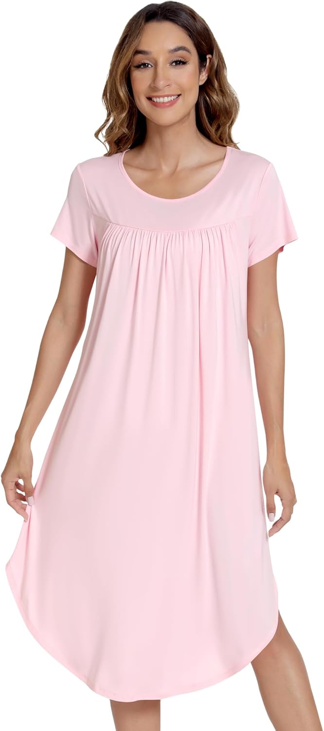 NACHILA Womens Nightgowns -Viscose Made from Bamboo,Soft Nightshirt Short Sleeve Sleepwear Pleated Sleepdress Cool Sleepshirt
