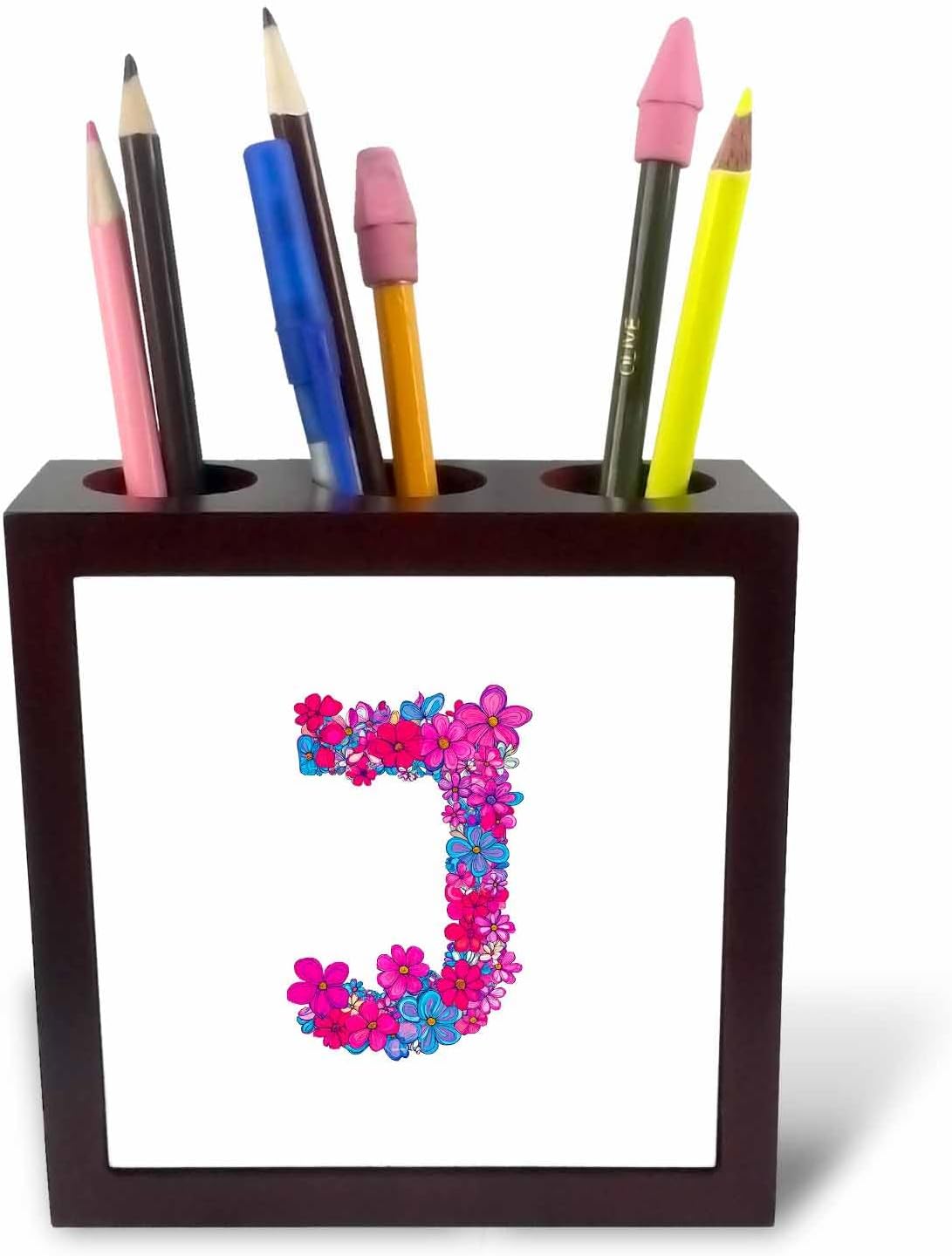 3dRose Dazzling letter J. Fetching colorful spring flowers artsy gift 5 inch tile pen holder