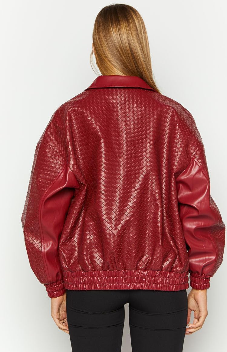 VOIKERDR Red Leather Jacket Women Trendy Zip Up Motorcycle Jackets Bomber Winter Coat Y2k Outfits - Image 6