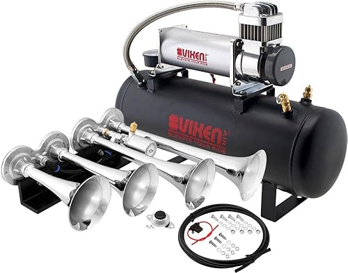 Miniatura 1 de Vixen Horns Kit de bocina de tren para camionescochesemi. Sistema completo a bordo compresor de aire de 200 psi, tanque de 2.5 galones, 4 trompetas.