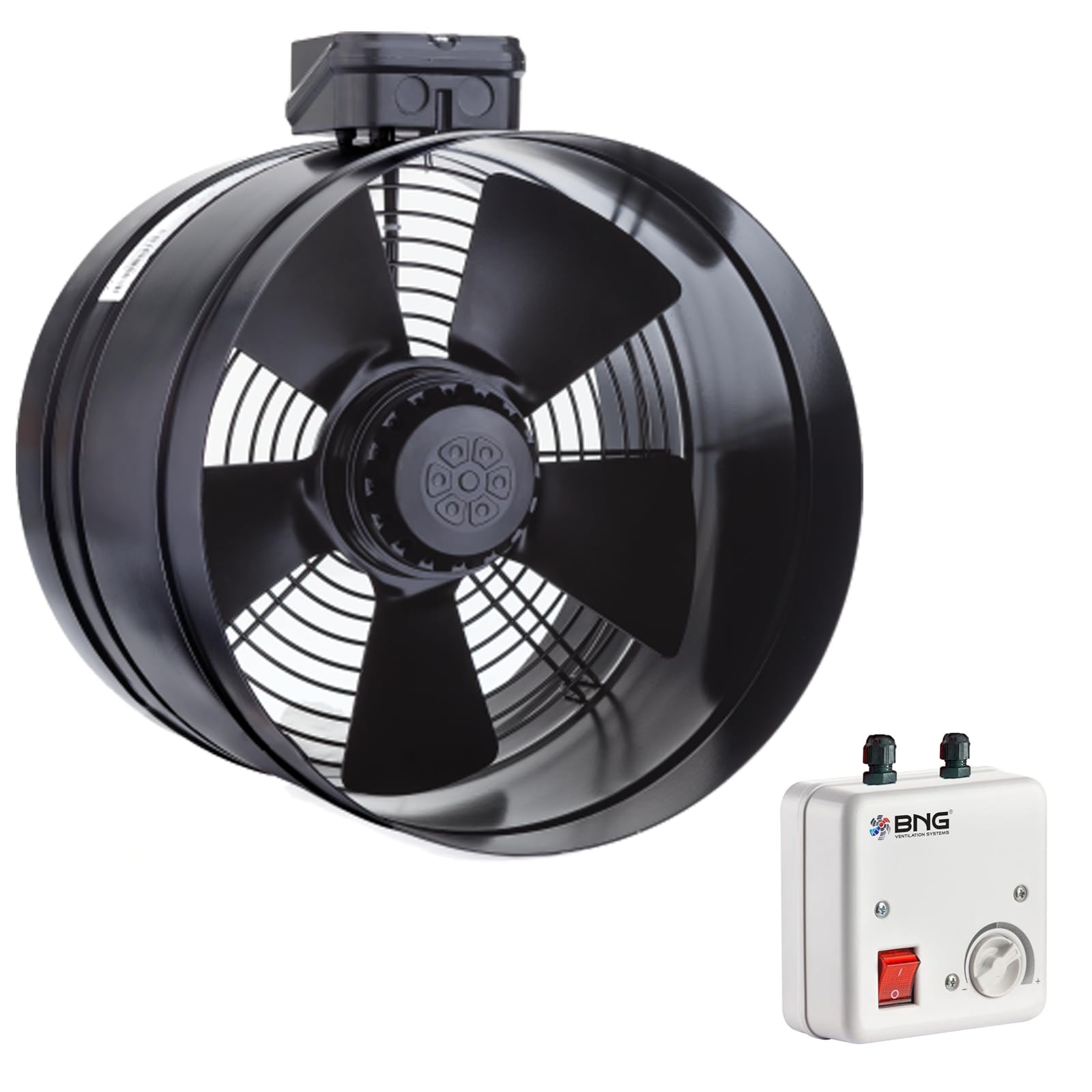 BORAX Power Axial Turbo Rohrventilator Zu-Abluft Rohrlüfter Axiallüfter Gebläse Axialventilator 200mm 250mm 300mm 350mm mit Drehzahlregler - 5A Regler (200)